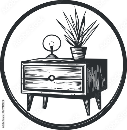 Black and white illustration of a nightstand with a drawer, lamp, and potted plant inside a circular frame