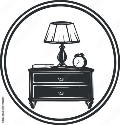Black and white illustration of a nightstand with a lamp, alarm clock, and book inside a circular frame