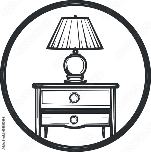 Black and white illustration of a table lamp on a nightstand with two drawers inside a circular frame