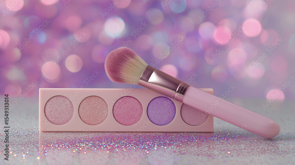 Naklejka premium Pink Makeup Palette and Brushes on Glittery Surface with Bokeh Background