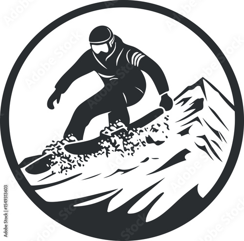 Black and white silhouette of a snowboarder performing a jump on a snowy mountain slope in winter