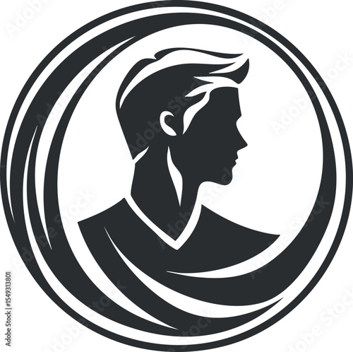 Black and white stylized silhouette of a male profile inside a circular abstract design