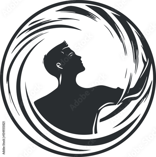Black silhouette of a man inside a swirling circular abstract frame in a monochrome style