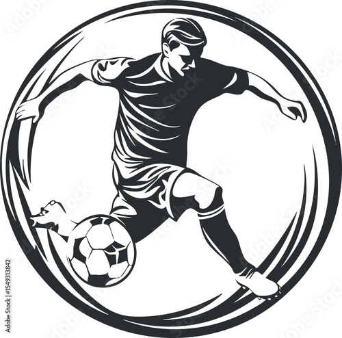 Black and white illustration of a male soccer player kicking a ball in an action pose within a circular frame