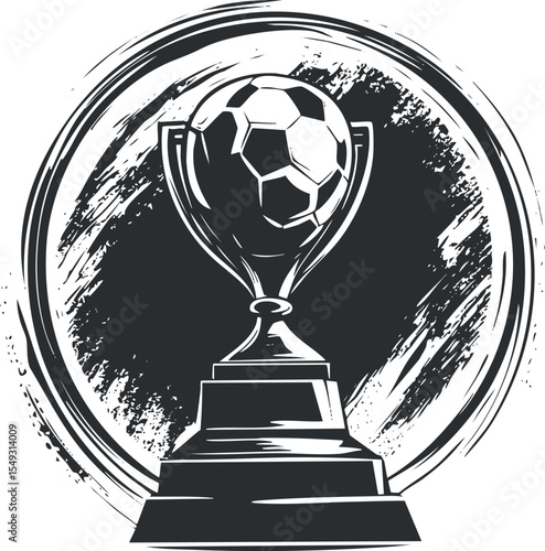 Black and white illustration of a soccer trophy cup with a football on top, symbolizing sports achievement and victory.
