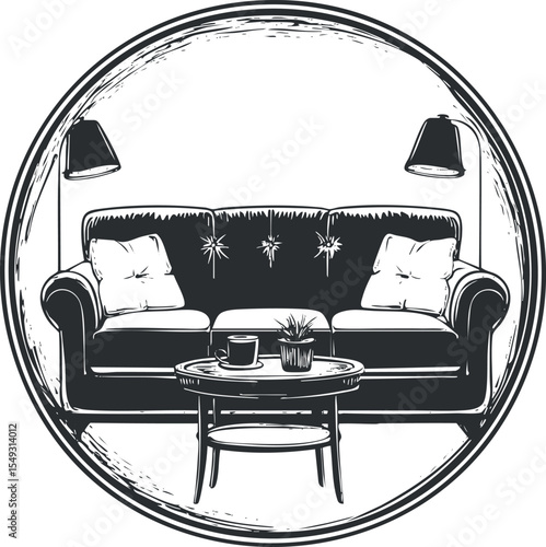 Black and white illustration of a living room setup with a sofa, pillows, coffee table, lamps, and a potted plant