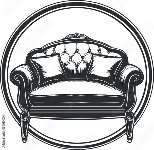 Vintage style elegant upholstered sofa with cushions inside circular frame for interior design concept