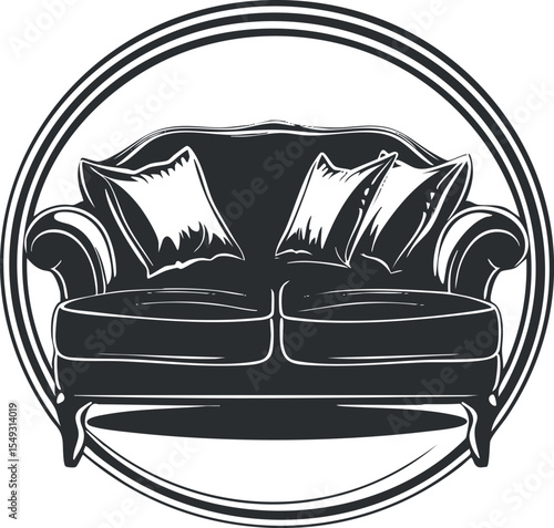Black and white illustration of a classic two-seater sofa with cushions in a circular frame for home interior design and furniture concept