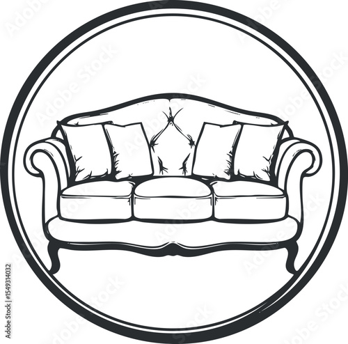 Black and white illustration of a classic sofa with cushions inside a circular frame