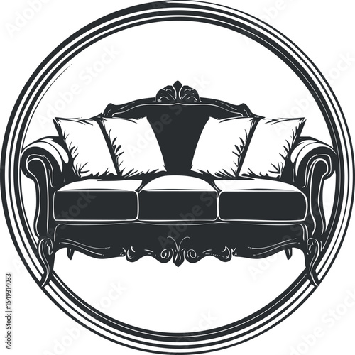 Vintage style sofa with cushions and ornate wooden details inside circular frame