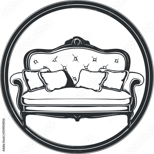 Black and white illustration of a vintage upholstered sofa with pillows inside a circular frame
