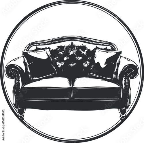 Black and white vintage style illustration of a two-seater sofa with cushions in a circular frame