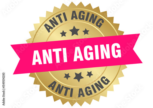 anti aging. anti aging round pink and gold label isolated on transparent background