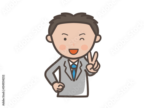 笑顔でピースのポーズをする若い男性ビジネスマンの上半身イラスト