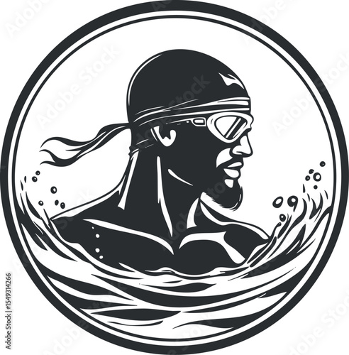 Monochrome illustration of a male swimmer wearing goggles and cap swimming in water with splashes