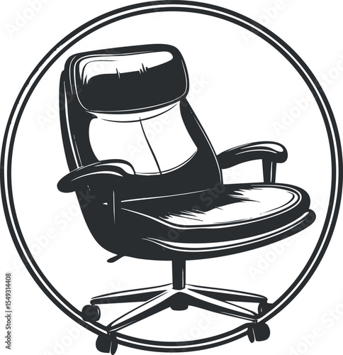 Black and white illustration of a modern office swivel chair with armrests and wheels inside a circular frame
