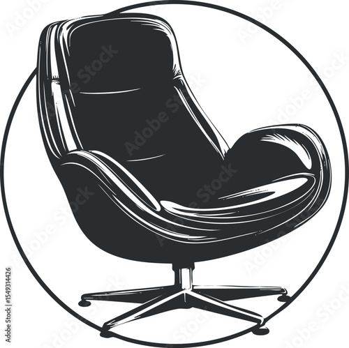 Stylized black leather armchair with swivel base isolated on white background