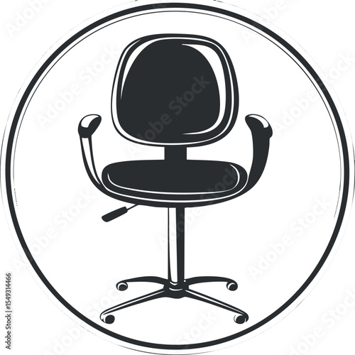 Black office chair with armrests and swivel base isolated on white background with circular border