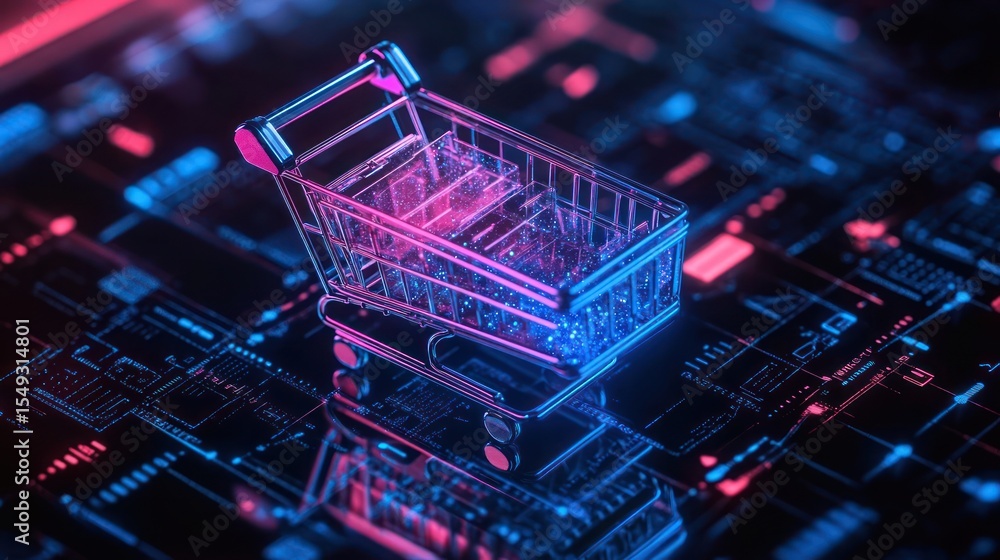 Neon Shopping Cart on Circuit Board; E-commerce, Digital Retail Neon Shopping Cart on Circuit Board; E-commerce, Digital Retail