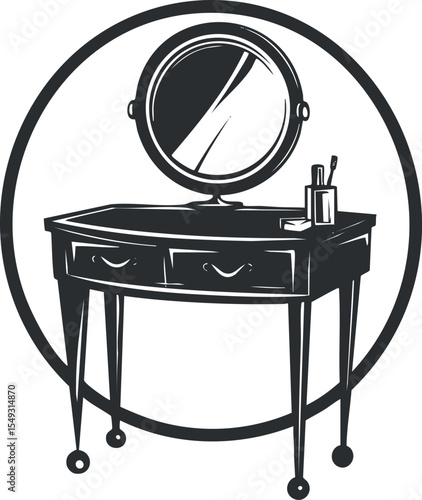 Black and white illustration of a vintage vanity table with round mirror and makeup accessories