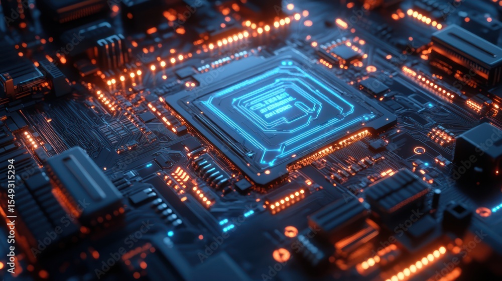 Fototapeta premium Glowing CPU on Motherboard, Circuit Board, Technology, Data Processing, Closeup