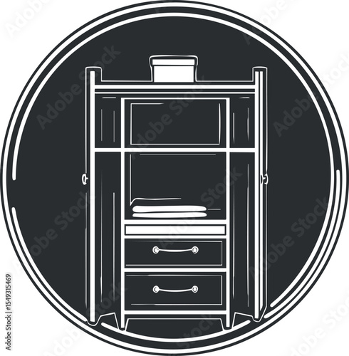 Black and white illustration of a wardrobe cabinet with open doors showing shelves and drawers for home storage