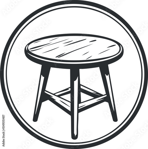 Black and white illustration of a round wooden stool with four legs inside a circular frame