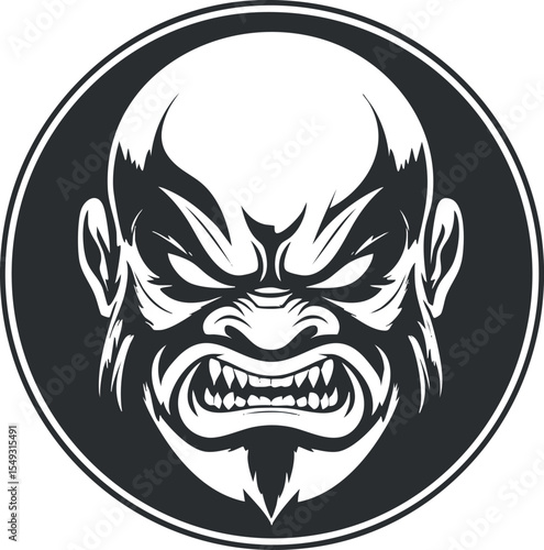 Vector illustration of an angry bald monster face with beard and fierce expression inside a circle