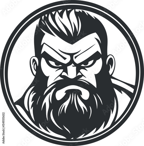Black and white illustration of an angry bearded man with intense expression inside a circular frame