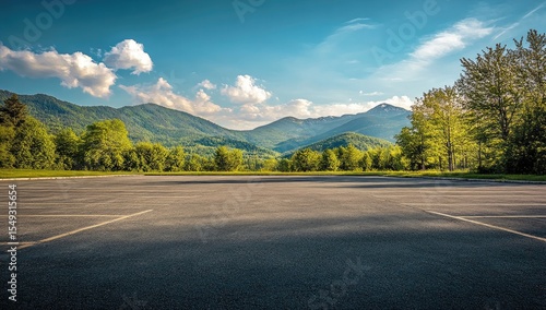 Fototapeta Naklejka Na Ścianę i Meble -  Empty parking lot, mountains in the background