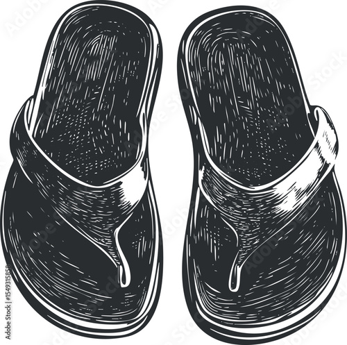 Black and white illustration of a pair of flipflop sandals designed for casual summer outdoor wear and comfort.
