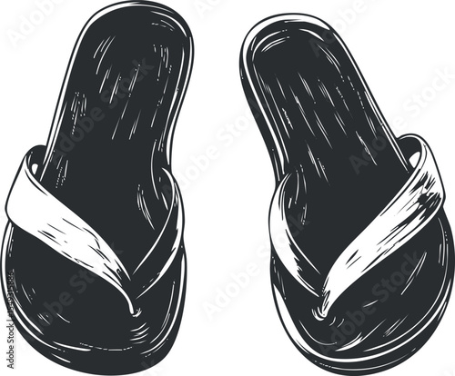 Black and white vector illustration of a pair of casual flipflops suitable for summer and beachwear