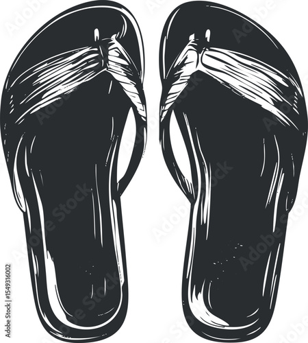 Black and white illustration of a pair of flipflop sandals viewed from above, casual summer footwear