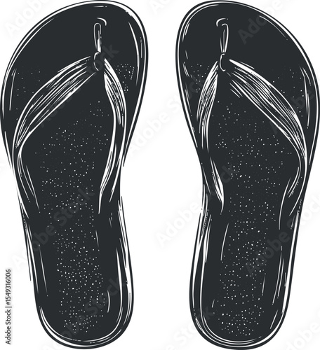 Black and white vector illustration of a pair of flip flops sandals with straps for casual summer footwear