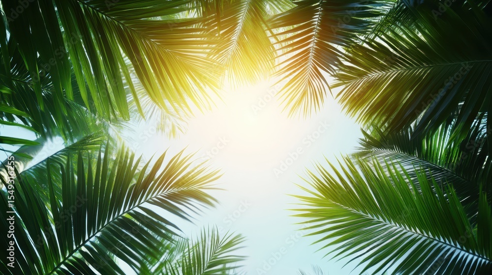 Fototapeta premium An uplifting image of palm trees gracefully framing a sunlit sky, evoking a sense of relaxation, tranquility, and the beauty of nature that invites escape and leisure.