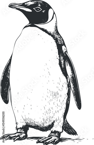 Black and white sketch of a standing penguin bird with detailed feathers and flippers