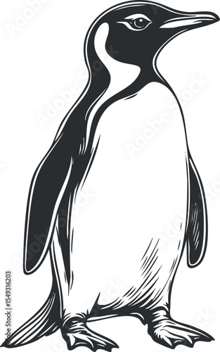 Black and white illustration of a standing penguin bird with detailed feathers and flippers