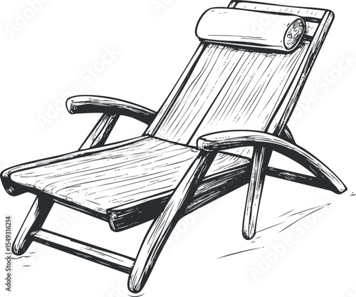 Hand-drawn sketch of a wooden deckchair with cushioned headrest, perfect for outdoor relaxation
