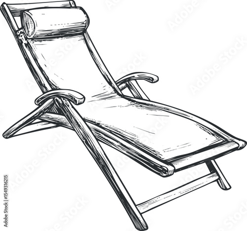 Hand drawn black and white sketch of a wooden deckchair with canvas seat and armrests for outdoor relaxation and sunbathing.