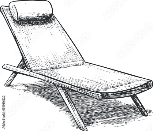 Hand-drawn black and white illustration of a wooden chaise lounge with a pillow for outdoor relaxation and comfort