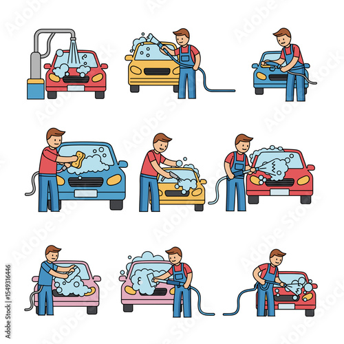 Car Wash Service Detailed Illustrations of Car Cleaning Process