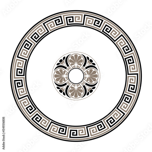 Greek round frame in golden black colors with a pattern in the center of the plate. Greek key, meander pattern. Patterns of Ancient Greece, ancient Rome Empire. Typical egyptian, assyrian, greek motiv