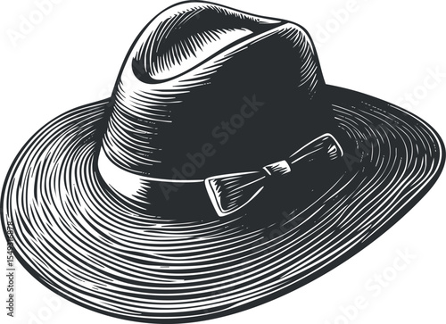 Black vintage fedora hat illustration with bow detail, stylish classic headwear accessory