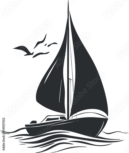 Black and white silhouette illustration of a sailboat on wavy water with flying seagulls