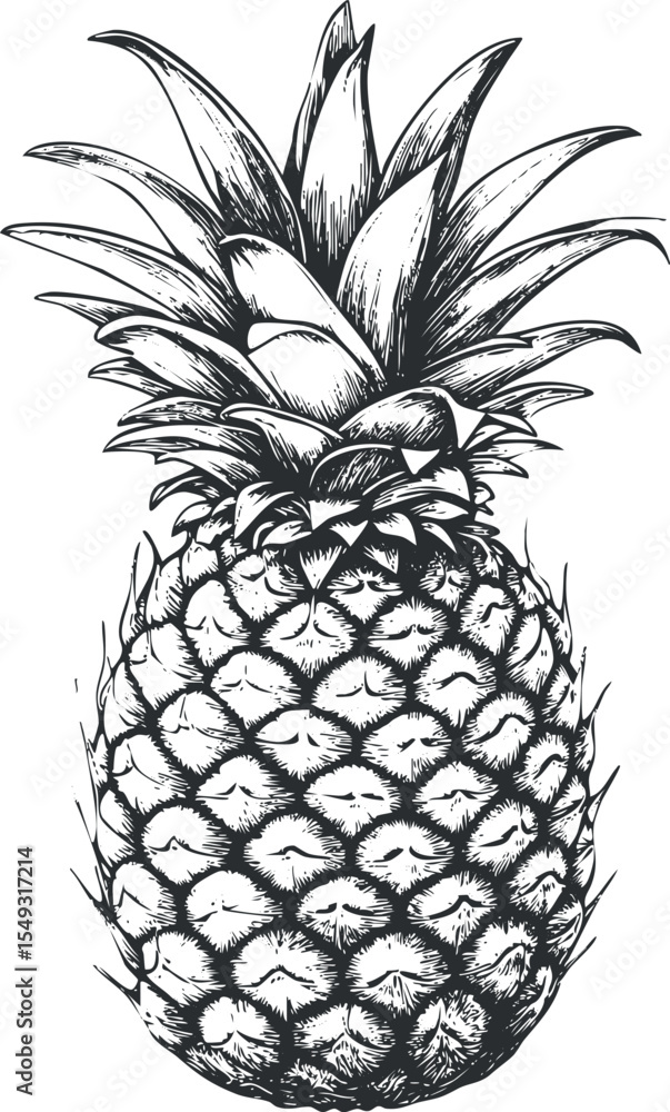 Obraz premium Black and white detailed sketch illustration of a ripe pineapple fruit with leaves on top, tropical and fresh