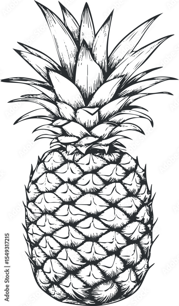 Obraz premium Black and white hand drawn sketch of a whole ripe pineapple with detailed leaves and textured skin.