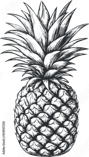 Detailed black and white sketch illustration of a ripe pineapple with textured leaves and skin