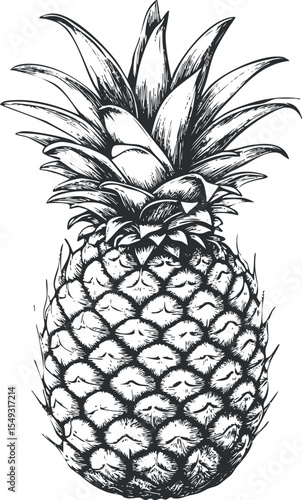 Black and white detailed sketch illustration of a ripe pineapple fruit with leaves on top, tropical and fresh