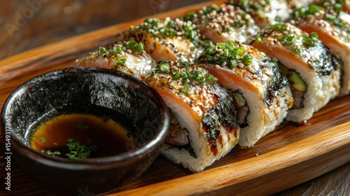 Grilled salmon sushi roll, wooden platter, restaurant, soy sauce, close-up