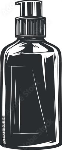 Black and white illustration of a pump bottle container for liquid cosmetic or hygiene products